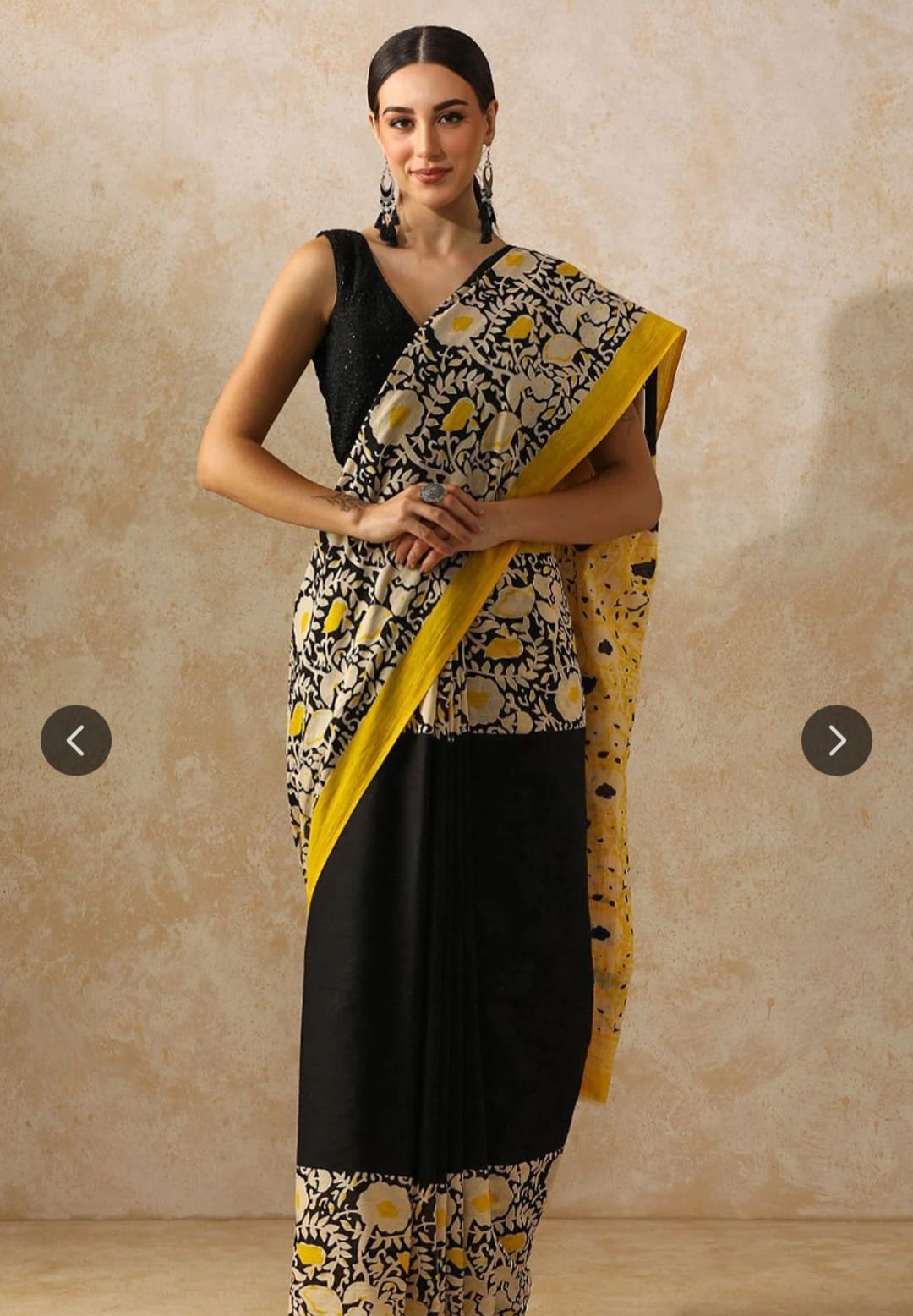 Cotton Mulmul Saree in black yellow and white – Pure cotton handblock printed saree wholesale by Fabtexs